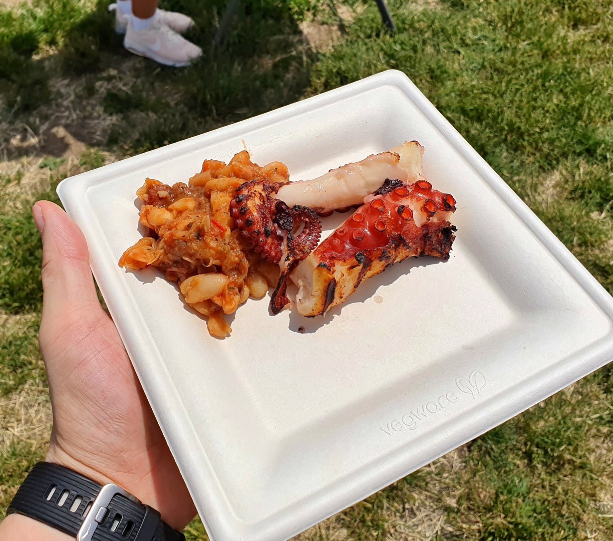 Grilovaná chobotnice, pečené fazole s chorizem Grilovaná chobotnice, pečené fazole s chorizem
