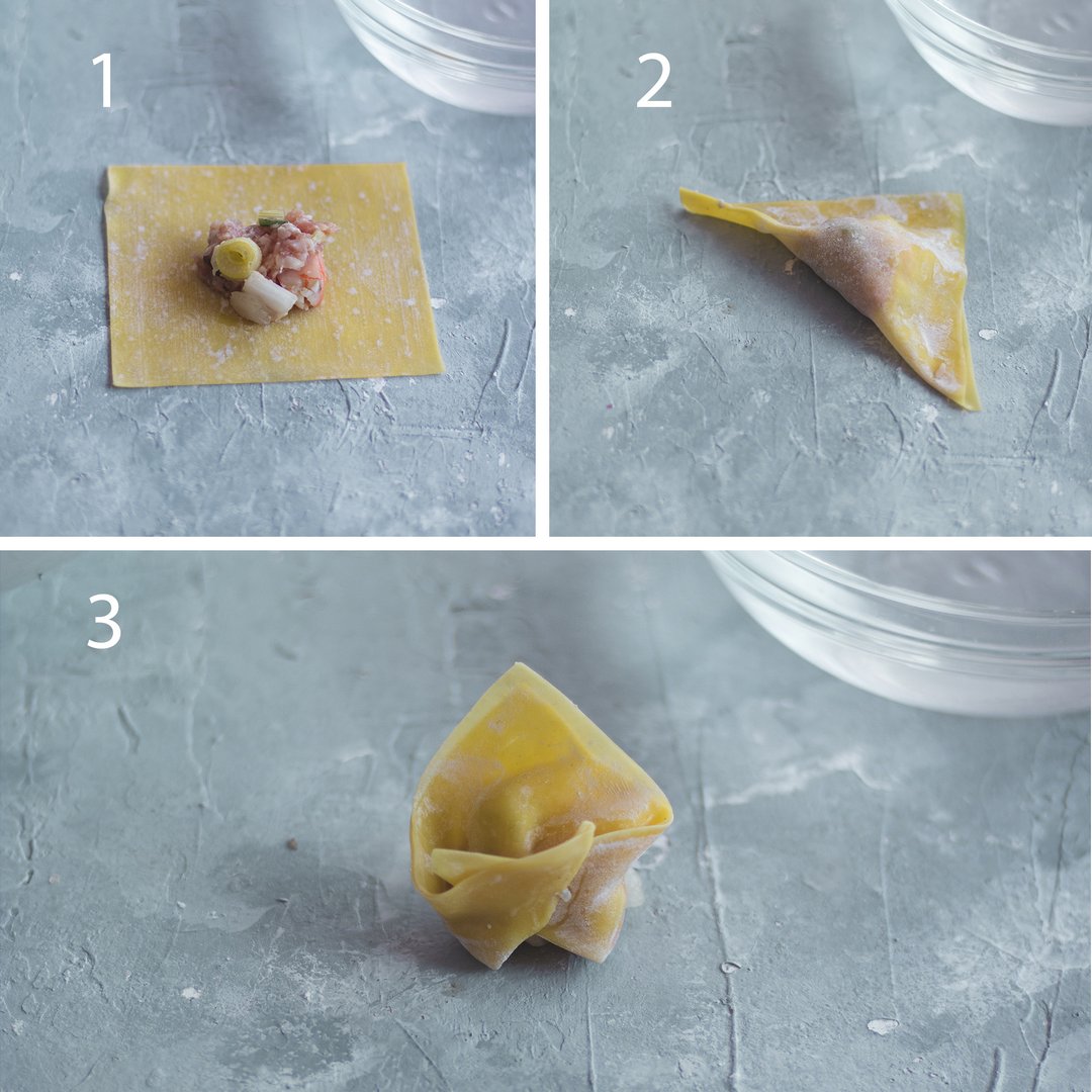 Postup tvorby wonton knedlíčků Postup tvorby wonton knedlíčků