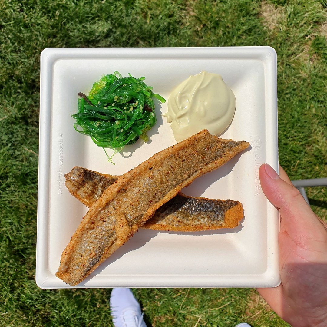 Fritované filátko z cípala, salátek z wakame řasy a wasabi dresing Fritované filátko z cípala, salátek z wakame řasy a wasabi dresing